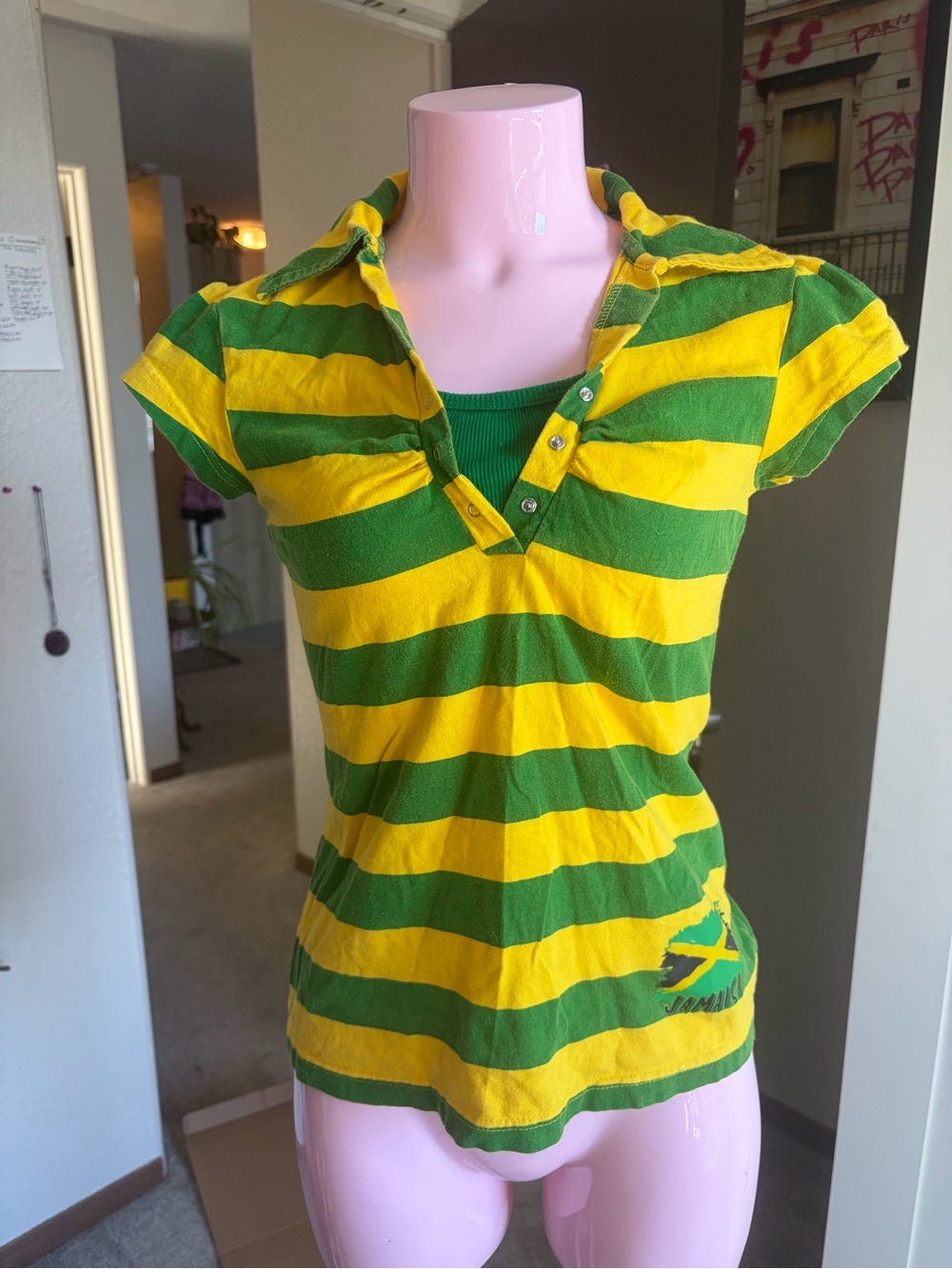 Green & Yellow Striped Polo Tee with JAMAICA Graphic